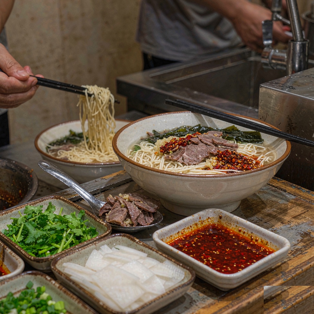 A Lanzhou noodle shop counter with bowls of beef noodles and side dishes of chili oil, cilantro, radish and scallion