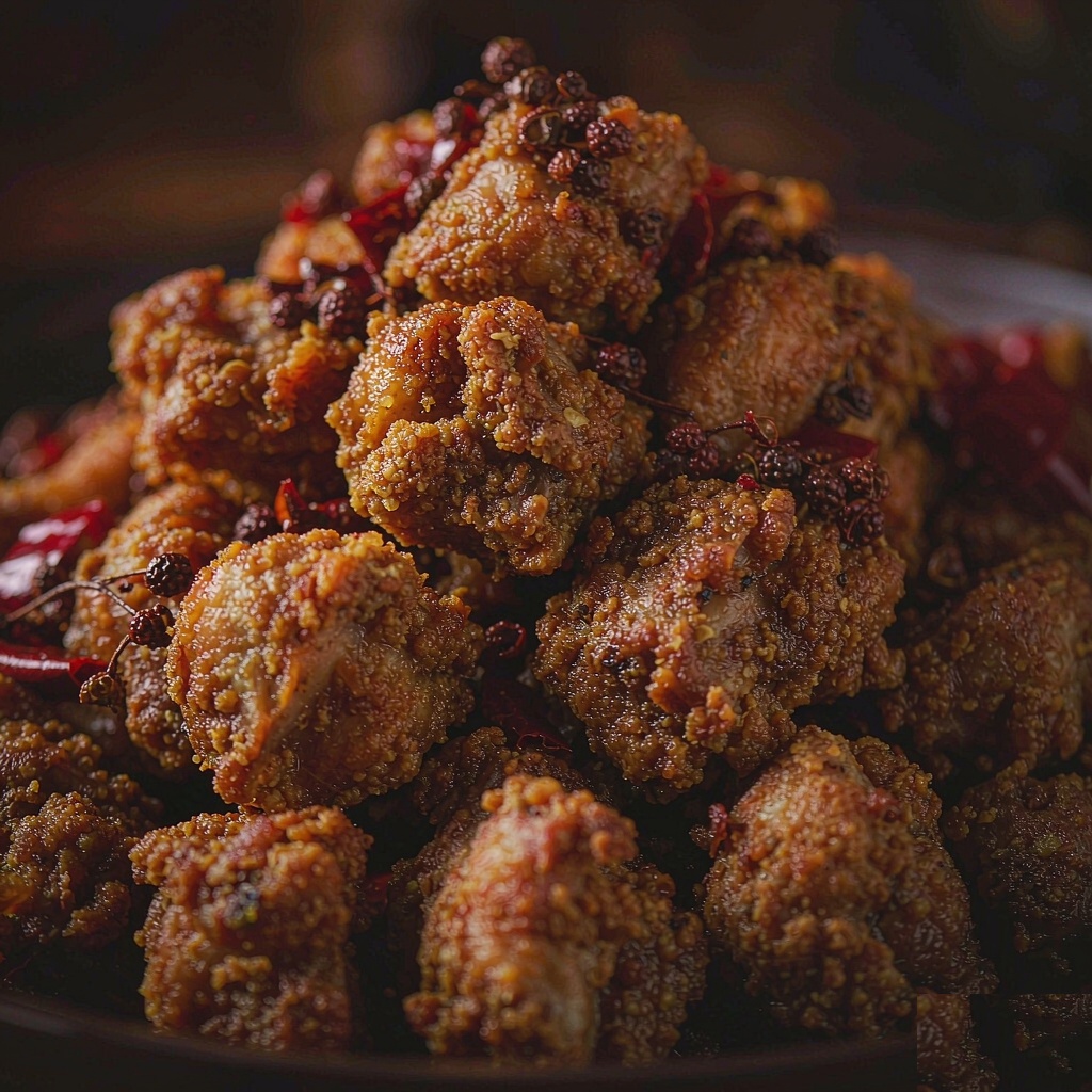Close-up of la zi ji chicken pieces with a craggy crispy coating, Sichuan peppercorns and dried chili scattered on top