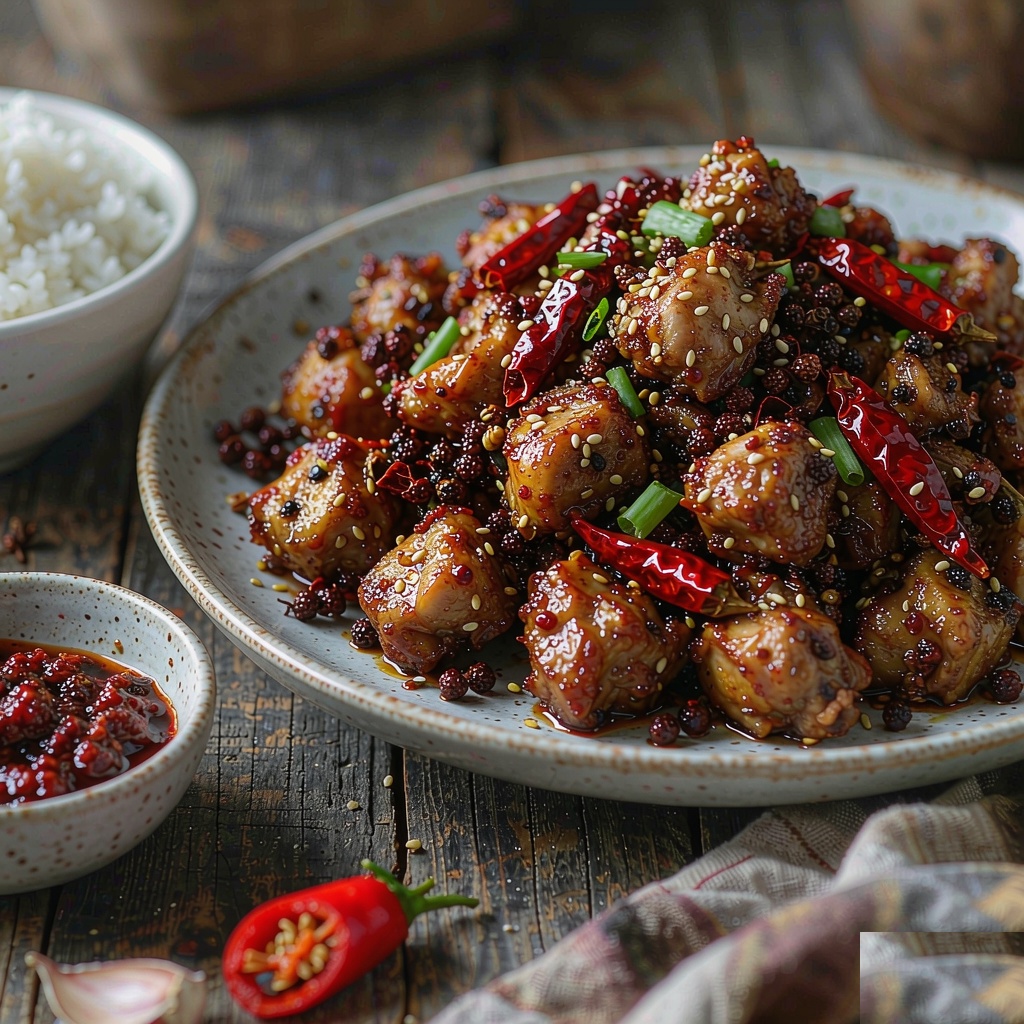 Plate of Chongqing la zi ji garnished with sesame seeds and scallions served on a rustic table with rice and chili condiment