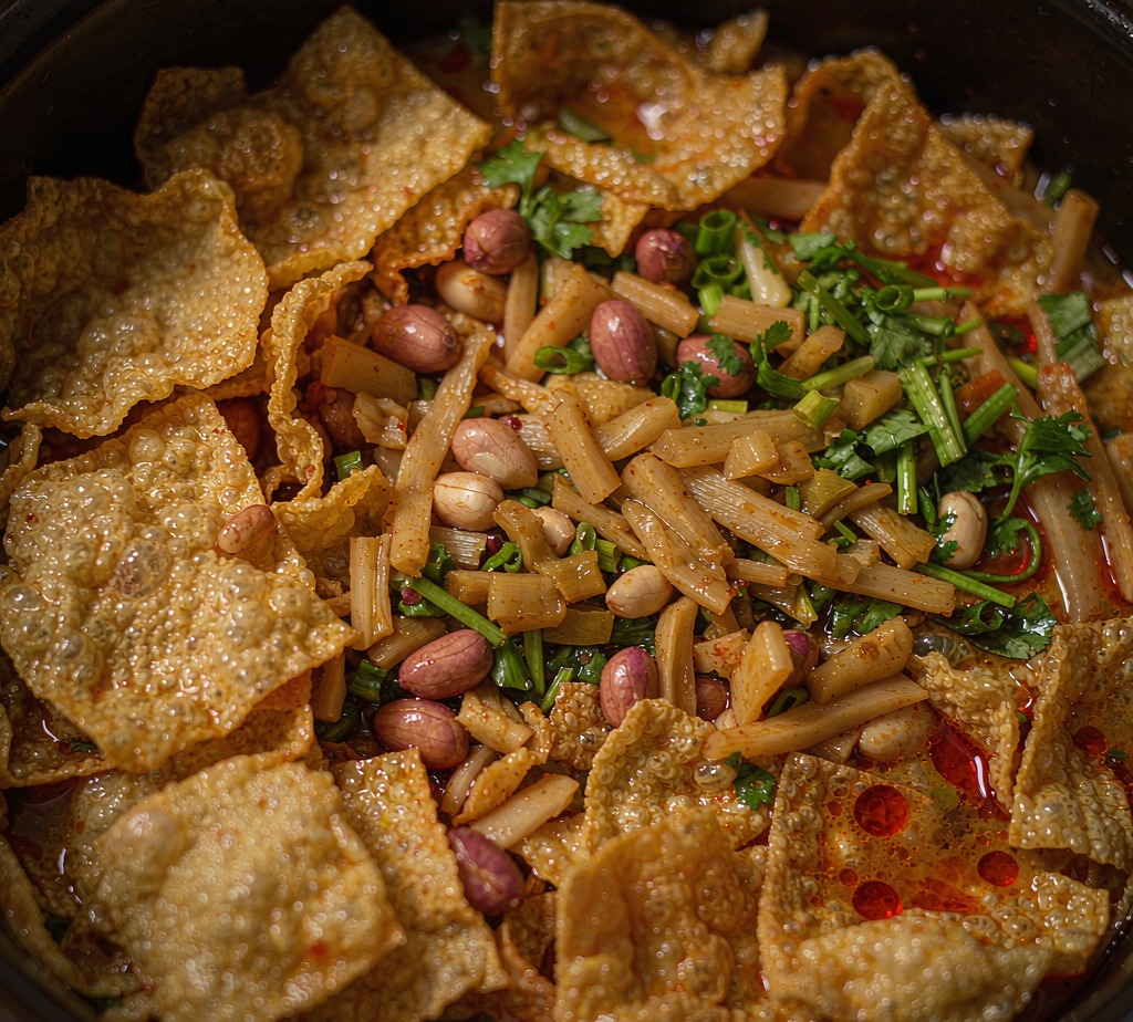 Close-up of luosifen toppings: fried tofu skin, peanuts, pickled bamboo shoots and chili oil over the sour-spicy broth