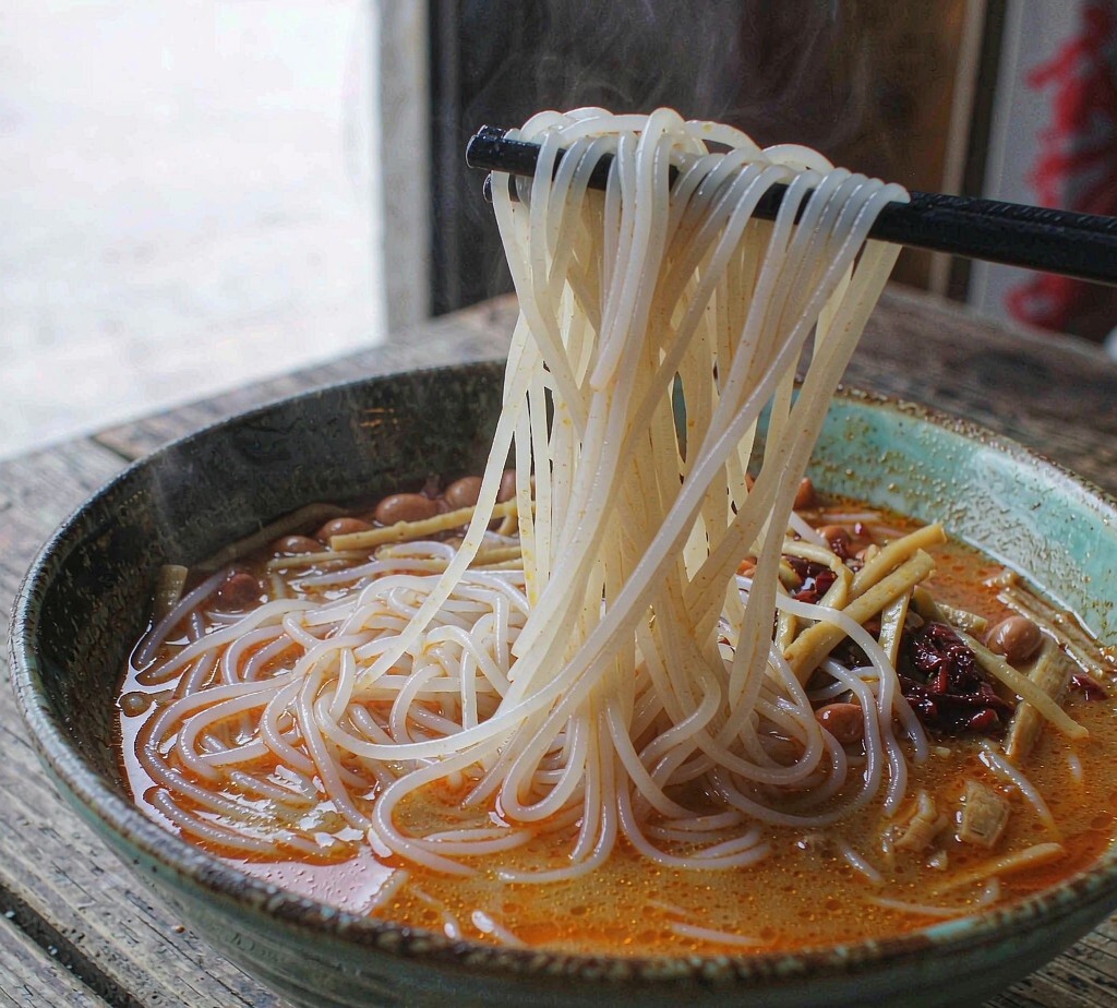 Chopsticks lifting luosifen rice noodles from a bowl of orange chili broth with peanuts and bamboo shoots