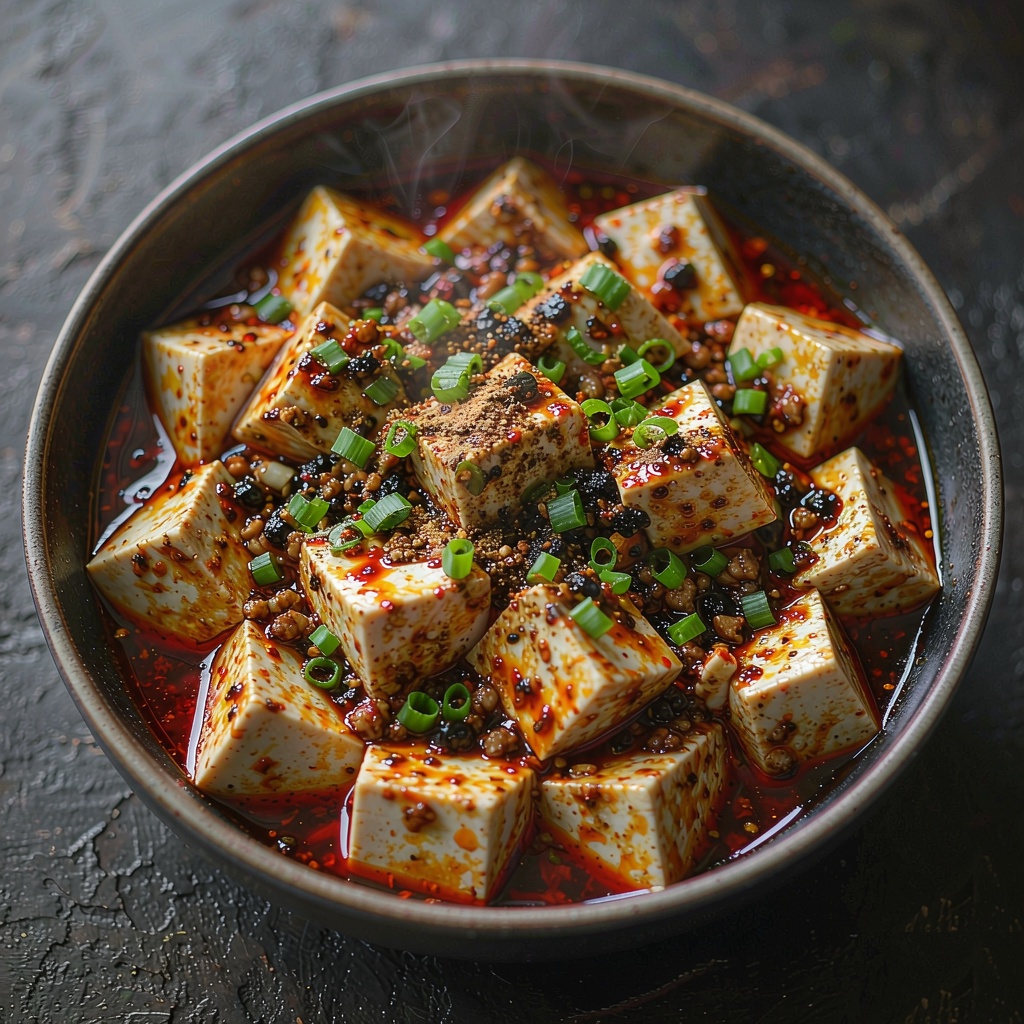 Close-up of mapo tofu cubes coated in glossy red chili bean sauce with chopped scallions and ground toasted Sichuan peppercorn