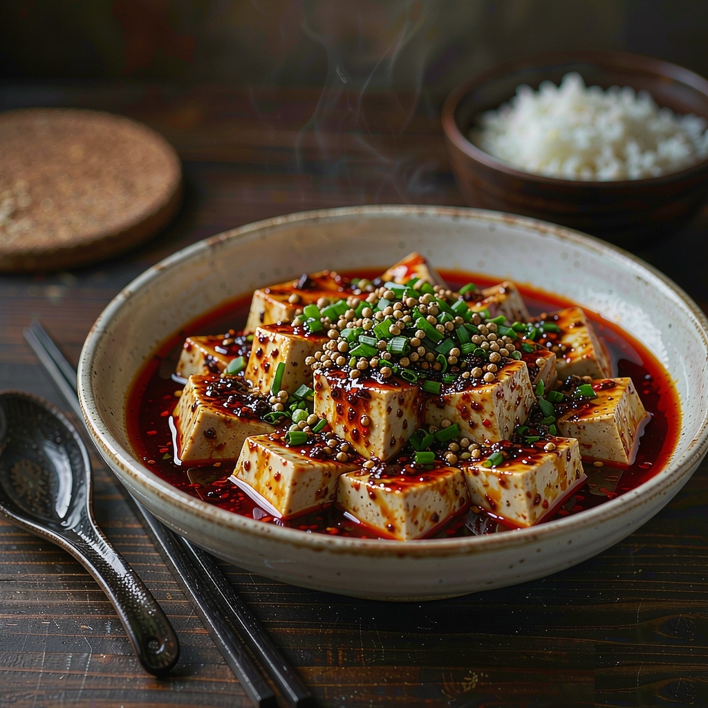 Mapo tofu in a rustic bowl with glossy chili sauce, scallions and peppercorns, served with steamed jasmine rice and chopsticks