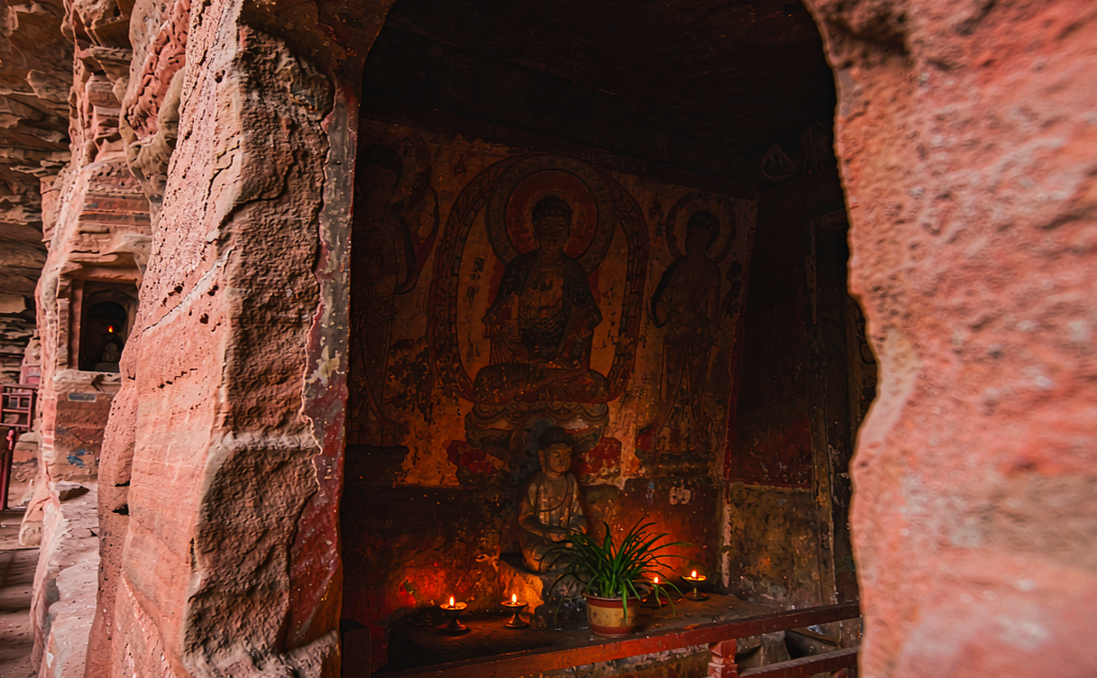Mati Temple cliff grottoes and wooden balconies on the Qilian foothills, Zhangye