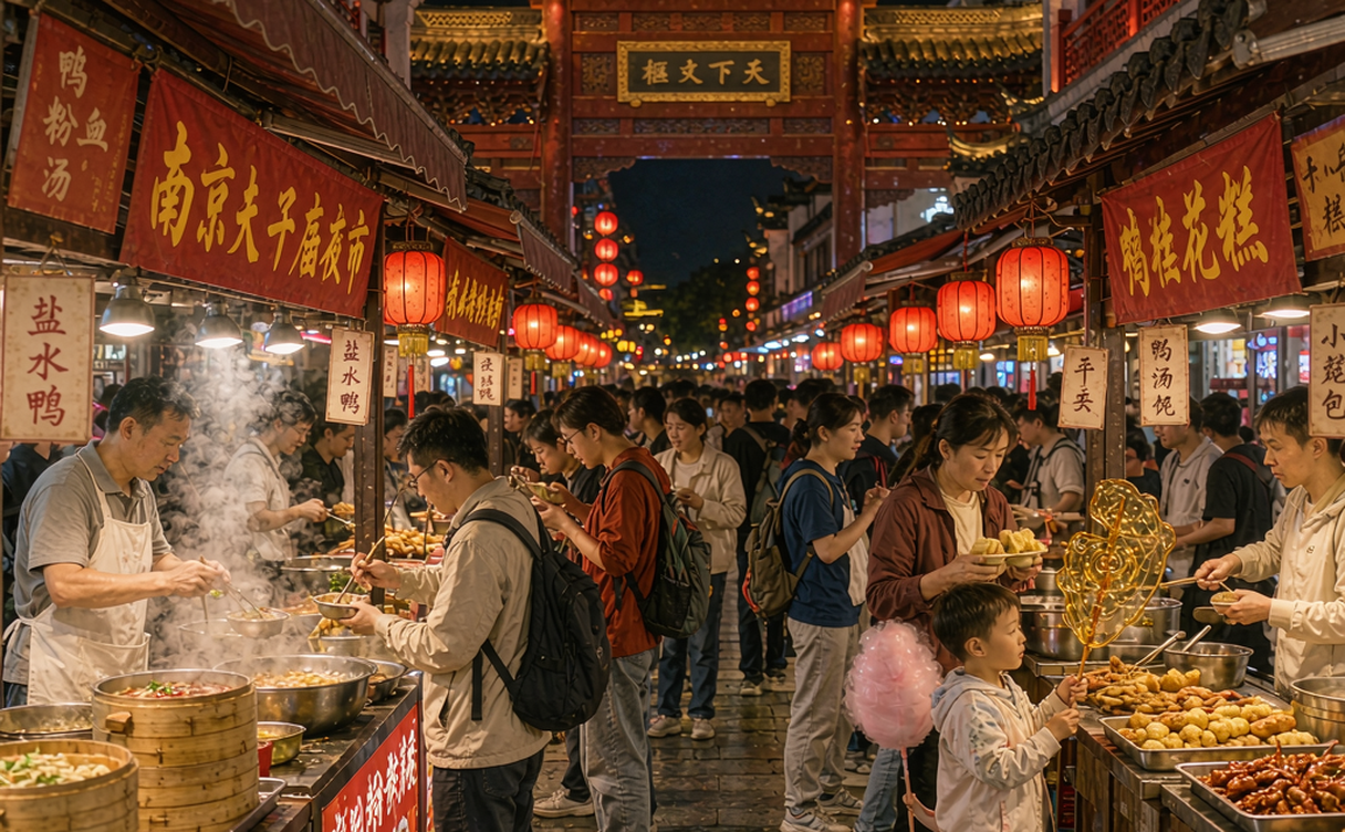 Street food stalls at the Nanjing Confucius Temple night market