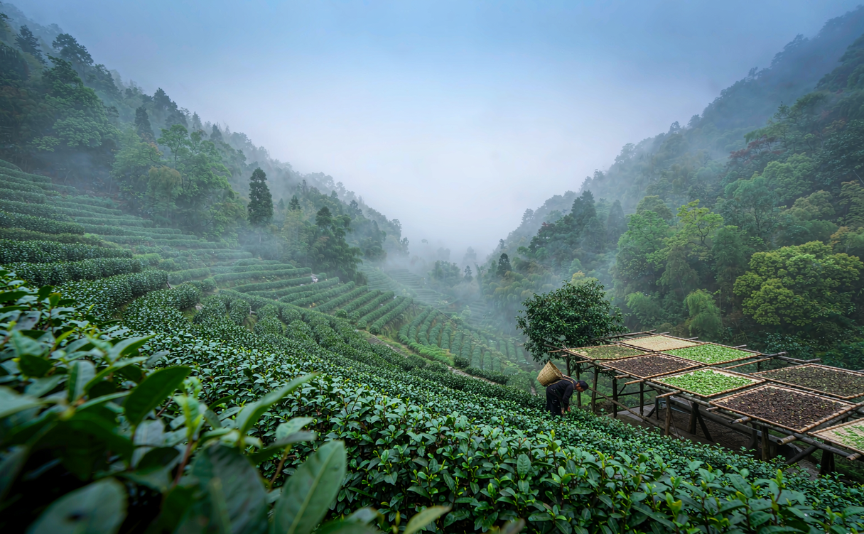 Terraced tea plantations climbing the hills of Mount Wuyi near Nanping