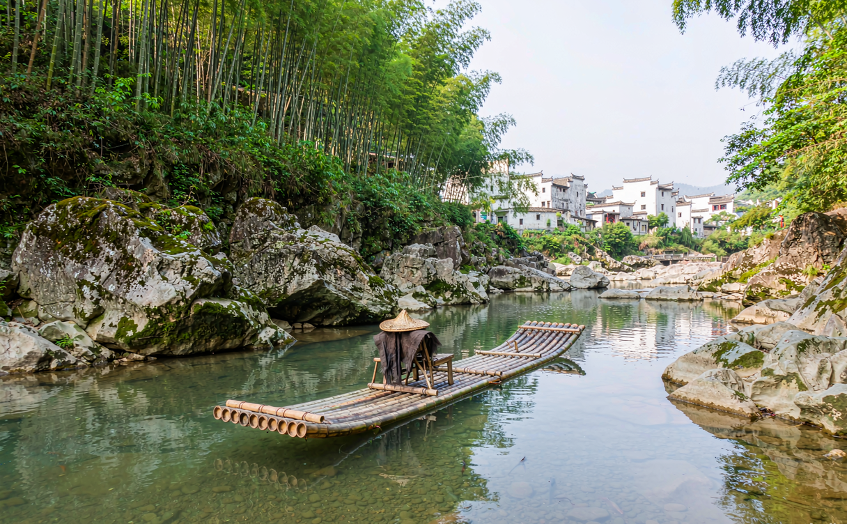 bamboo raft on a mountain river