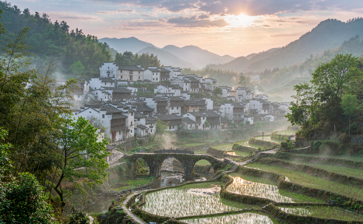 green tea terraces on the lower hillside beneath the Dapan Mountain range in Panan