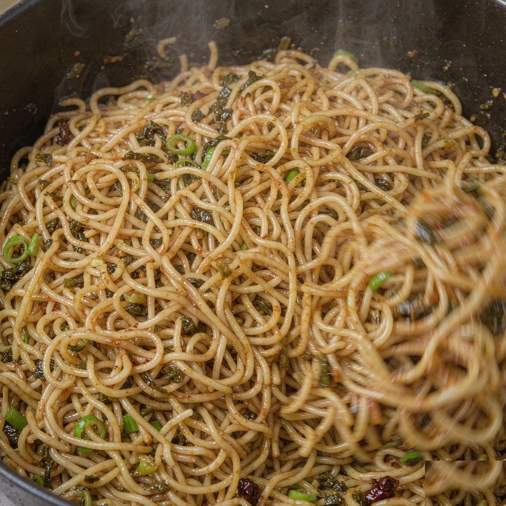 Close-up of hot dry noodles being tossed with sesame paste and dark pickled greens, steam rising