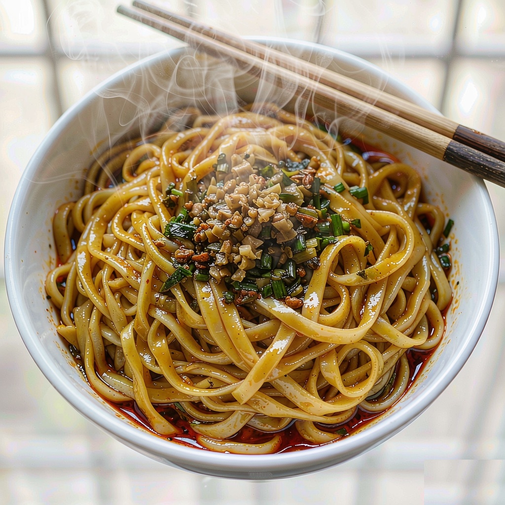 Bowl of Wuhan hot dry noodles coated in sesame paste with pickled mustard greens, scallions and chili oil, chopsticks resting on the rim