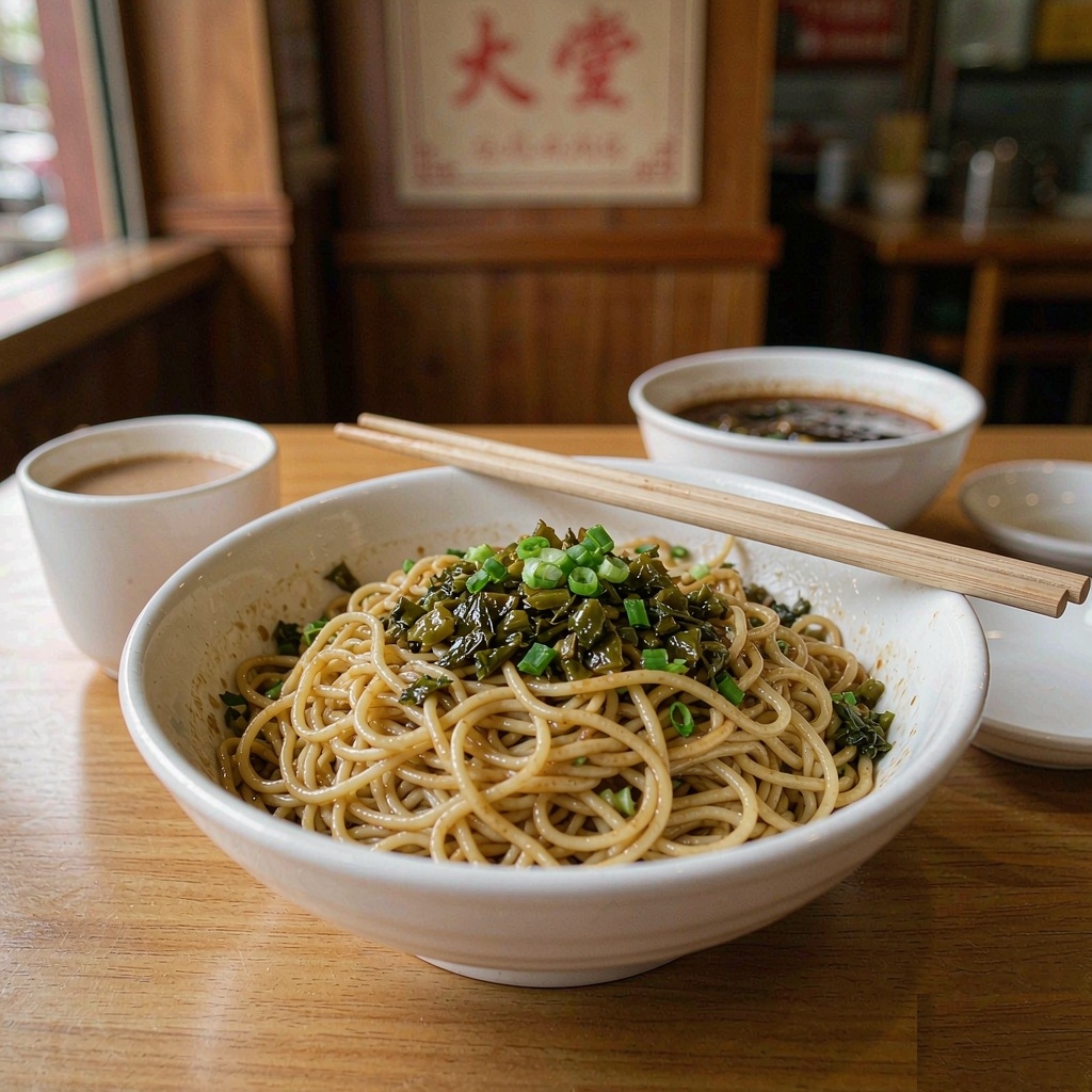 Bowl of re gan mian topped with pickled vegetables and scallions on a wooden table in a casual Wuhan eatery, soy milk cup alongside