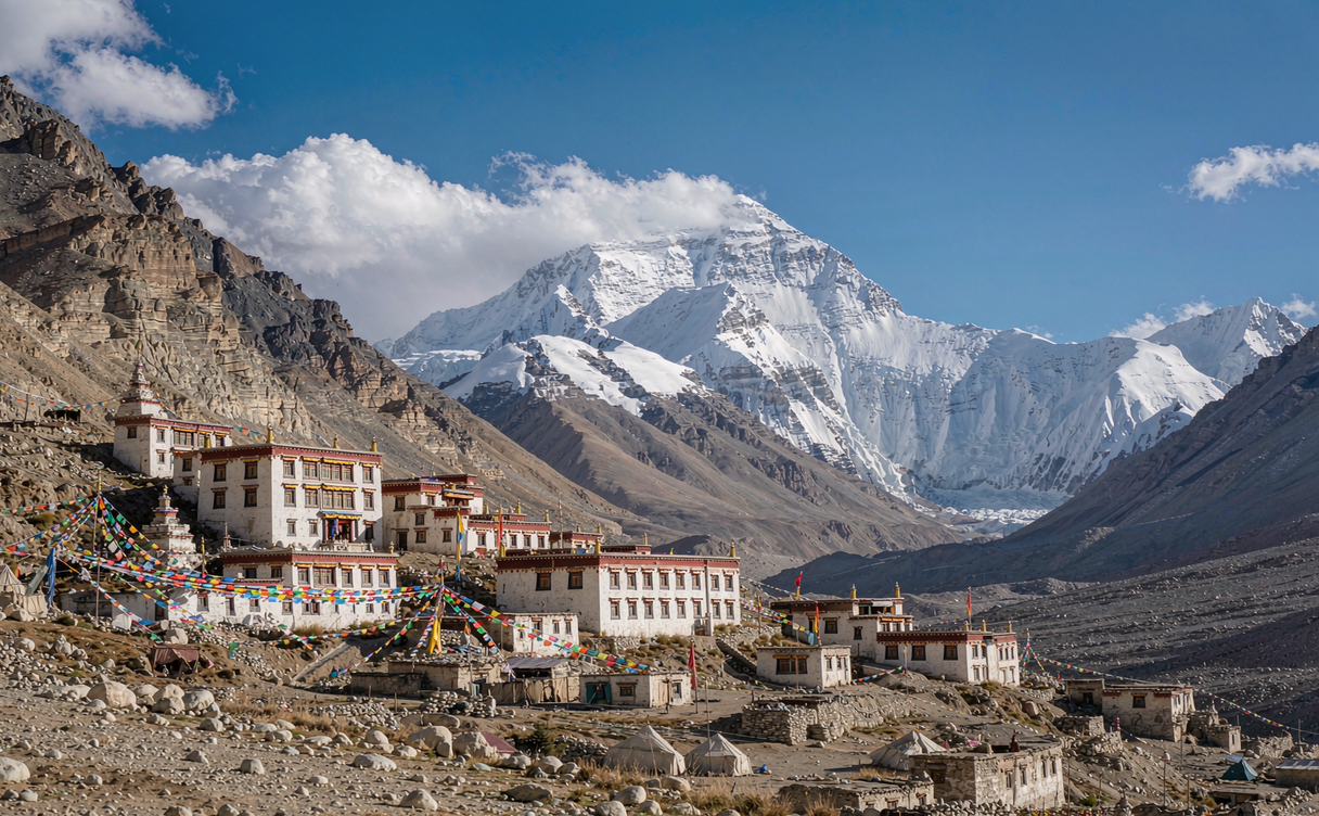 Rongbuk Monastery, glacier and Everest landscape in Tibet, China