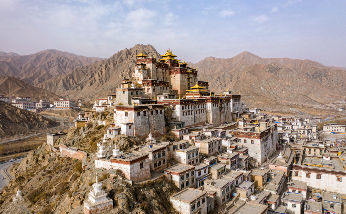 Fortified grey walls of Sakya Monastery in Tibet, China