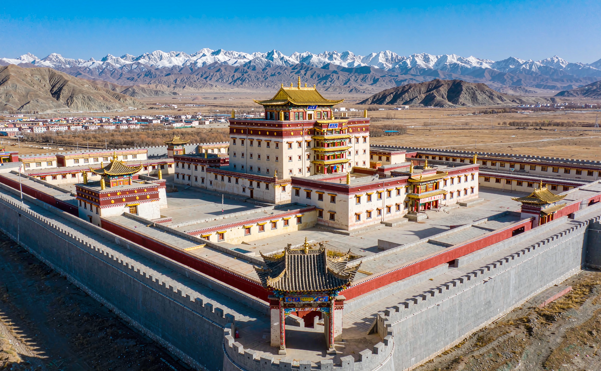 Walled Sakya Monastery complex landscape in Tibet, China