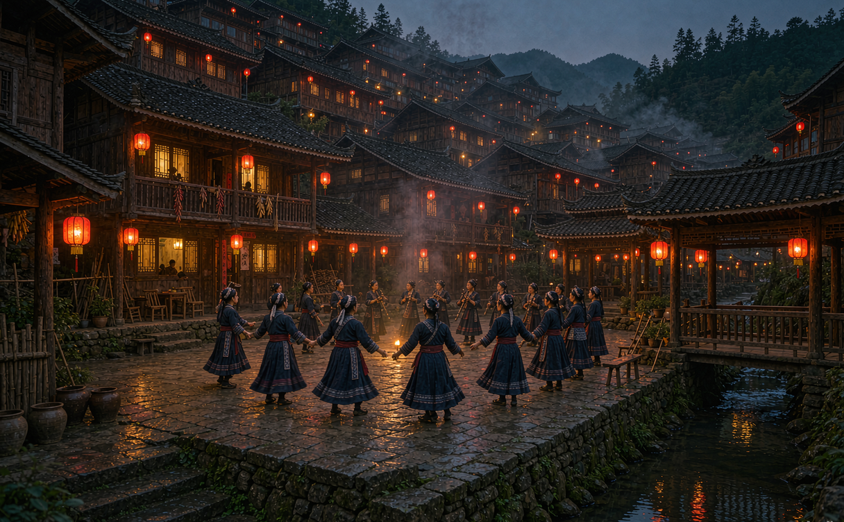 Communal Dong feast table in Sanjiang village