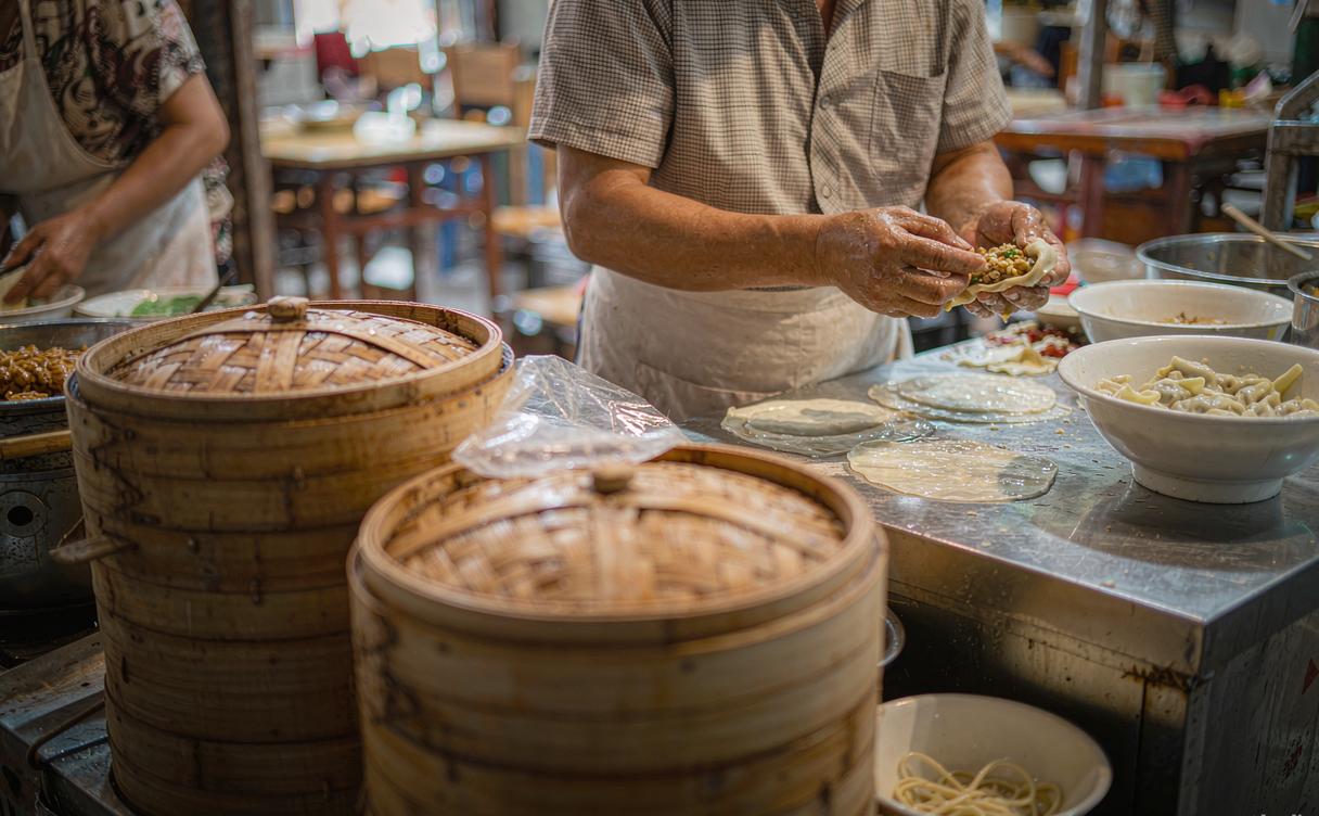Steaming bamboo baskets of Shaxian dumplings on a street counter