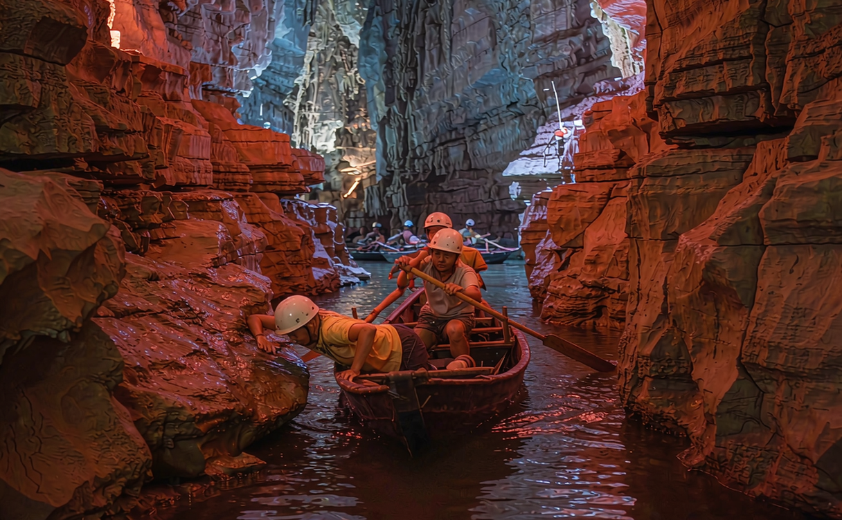 Illuminated limestone chamber inside Shuanglong Cave Lanxi