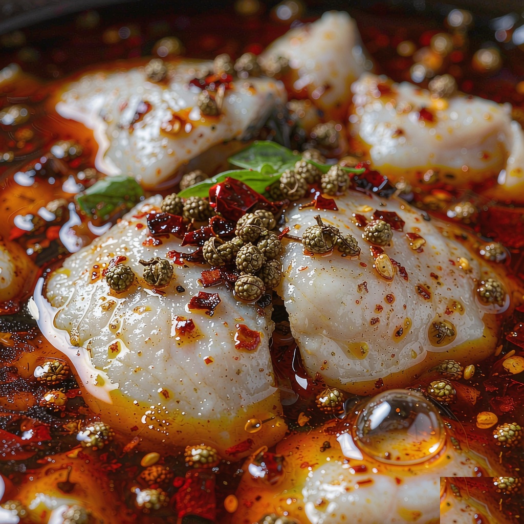 Close-up of tender white fish slices coated in glossy red chili oil with numbing Sichuan peppercorns
