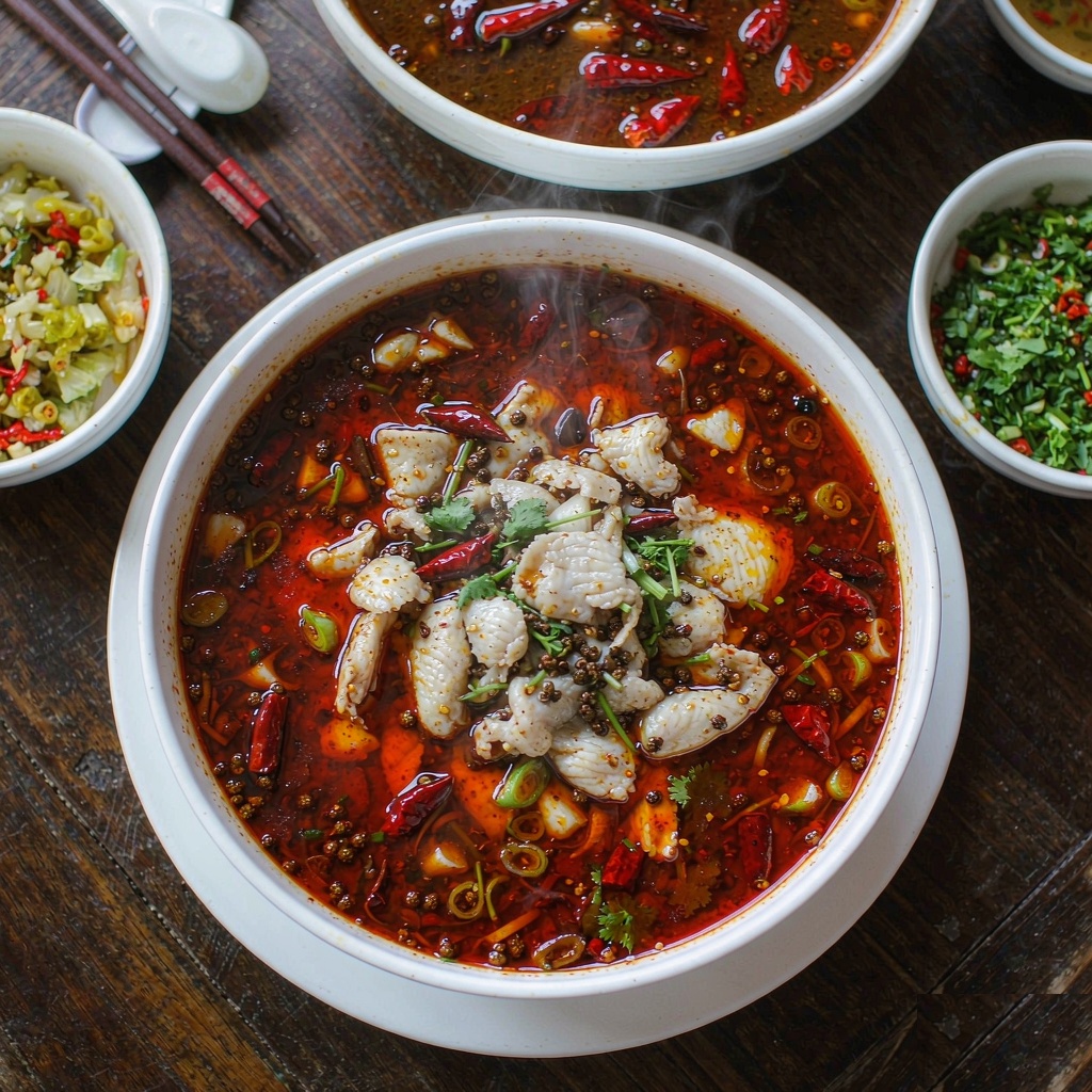 A deep bowl of Sichuan boiled fish in chili oil topped with dried red chilies, Sichuan peppercorns and scallion