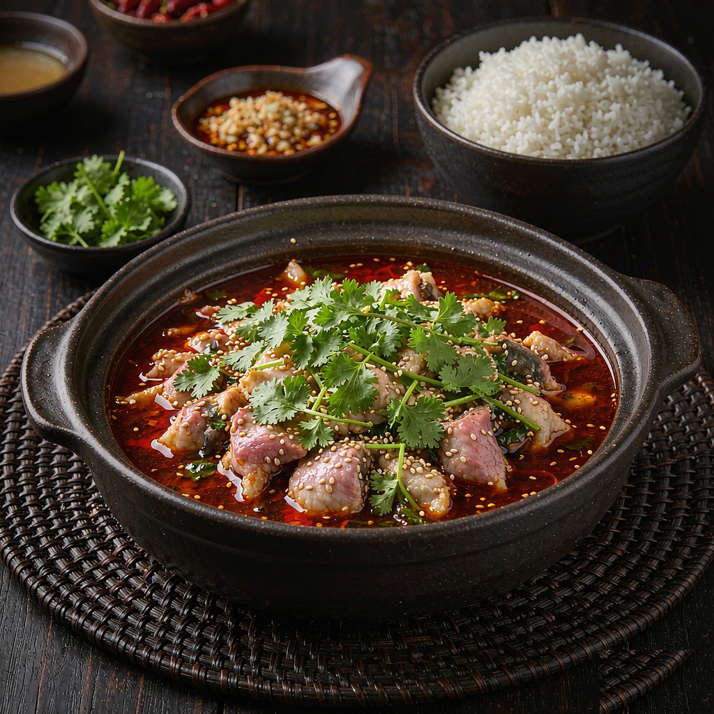 Sichuan boiled fish served in a clay pot with a side of steamed rice and dipping sauce