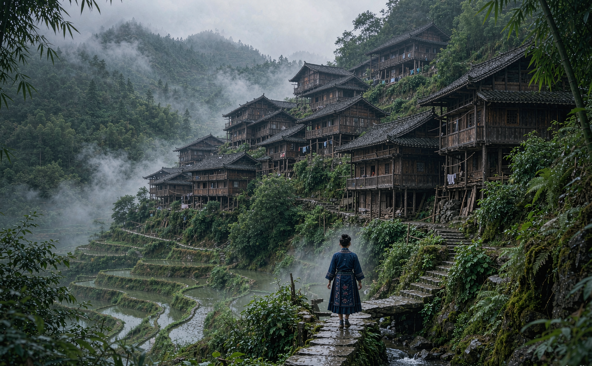 Terraced rice fields and misty peaks in Yunnan