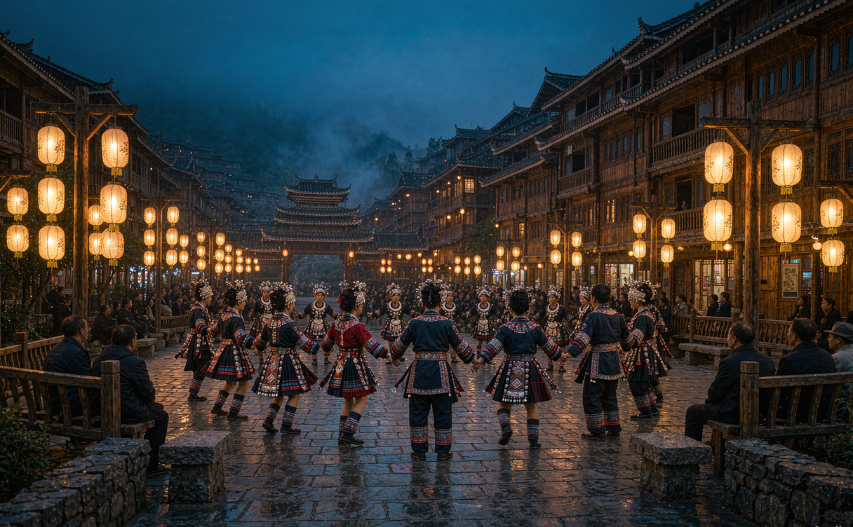 Miao village roofs and silver headdress in Guizhou