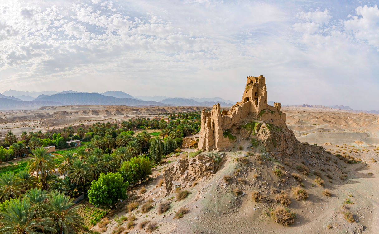 Suoyang Ruins beacon tower and Gansu desert fortress from the Gobi plain