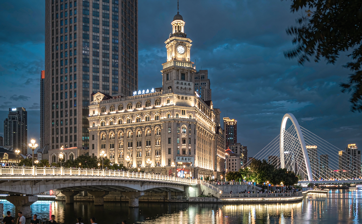 Tianjin Haihe river night walk with lit bridges
