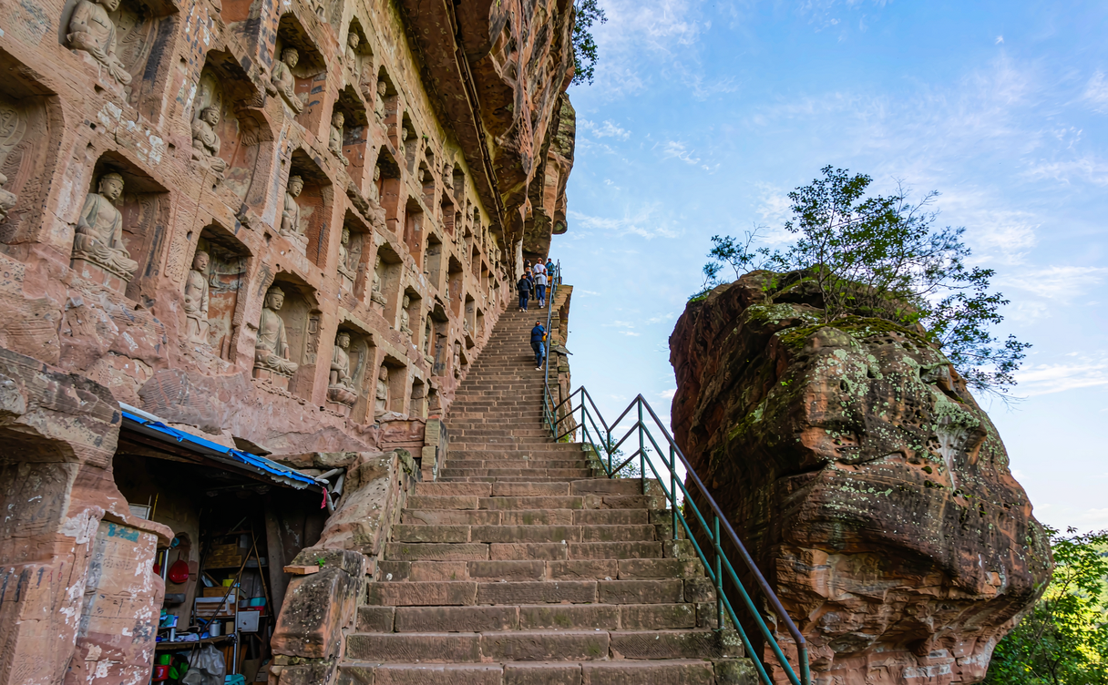 stone stairway between grotto niches on Tianlong Mountain near Taiyuan, China