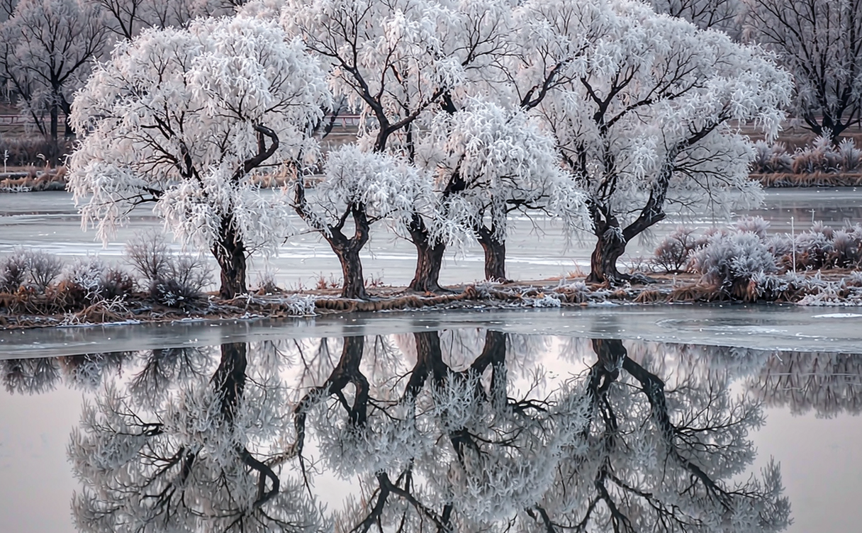 Rime covered willow trees on Wusong Island during winter morning