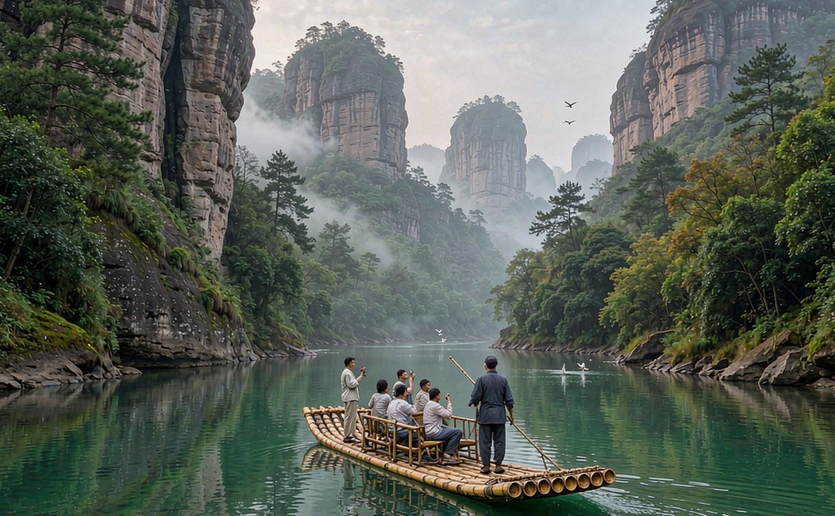 Bamboo raft on the Nine-Bend River at Mount Wuyi with red cliffs behind