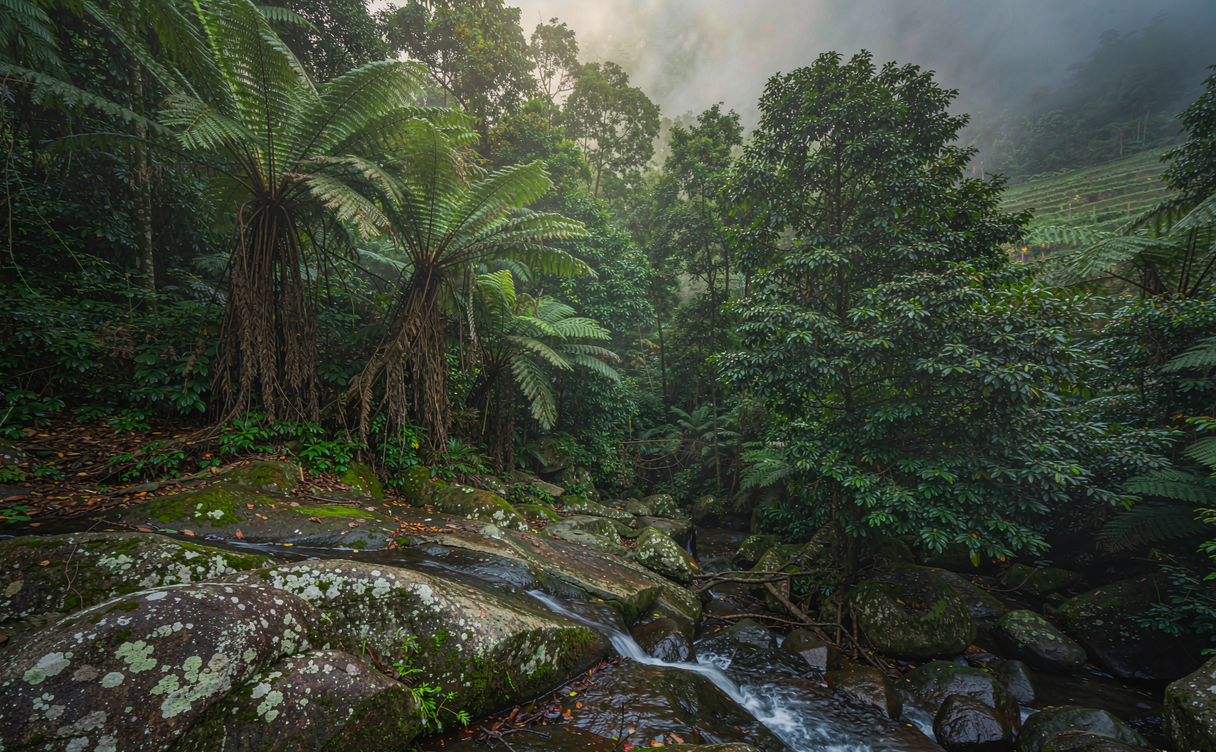 Rainforest boardwalk on Wuzhi Mountain in Hainan mist