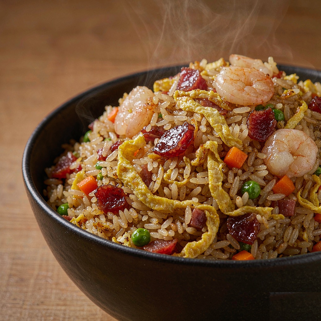 Close-up of wok-tossed Yangzhou fried rice showing separated glossy grains, shrimp and egg ribbons