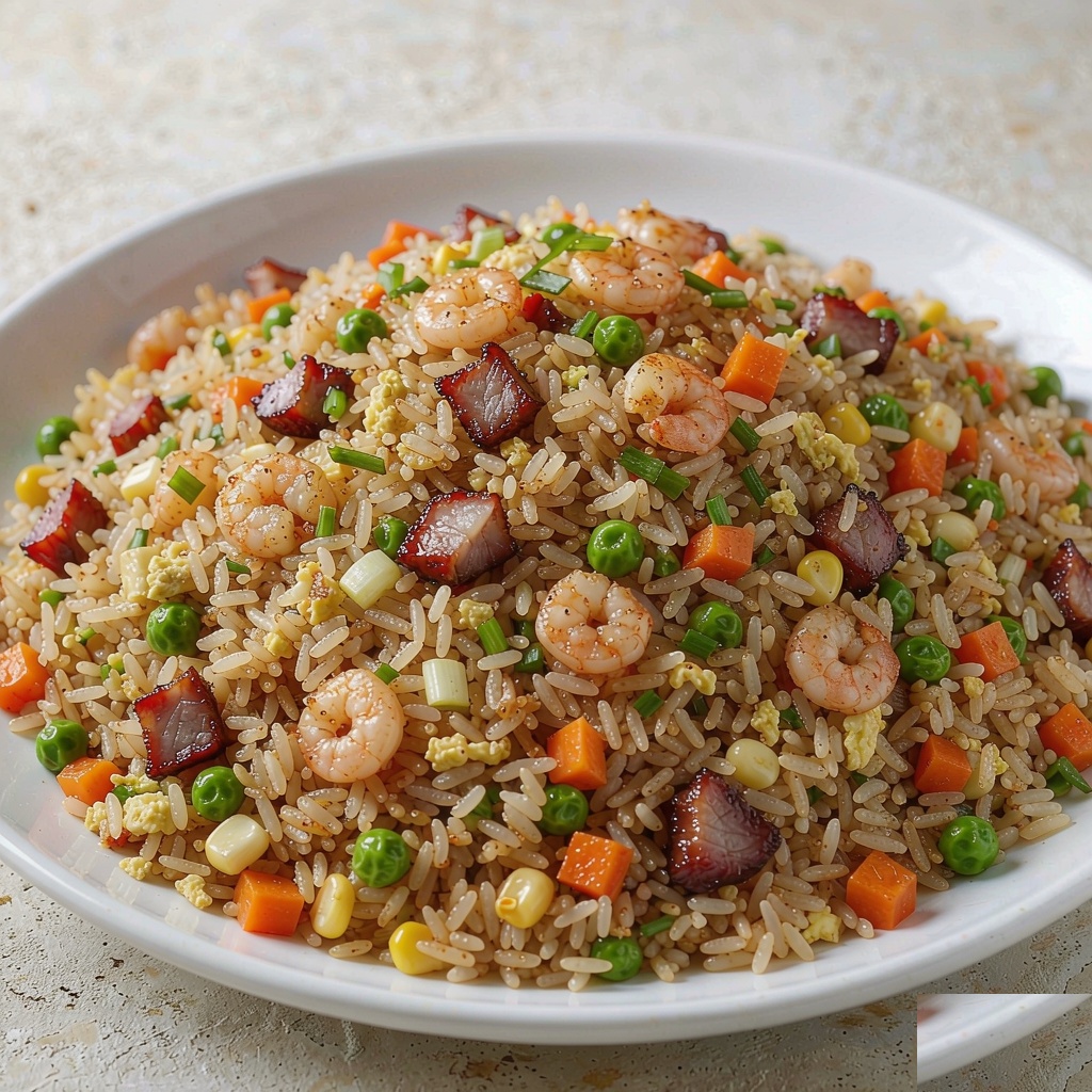 A top-down white plate of Yangzhou fried rice with shrimp, char siu, peas, carrots and egg