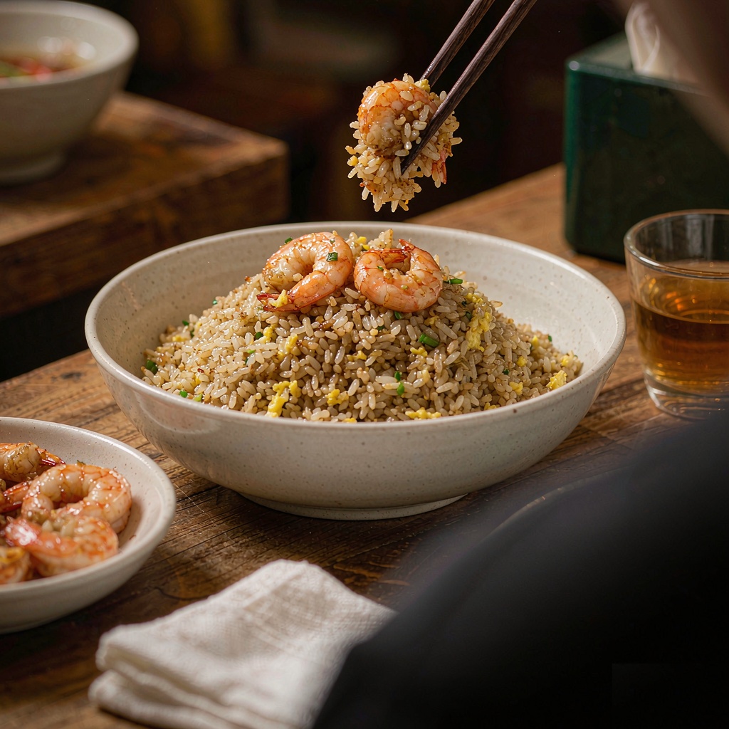 A bowl of Yangzhou fried rice on a wooden table with chopsticks lifting a portion, warm cafe light