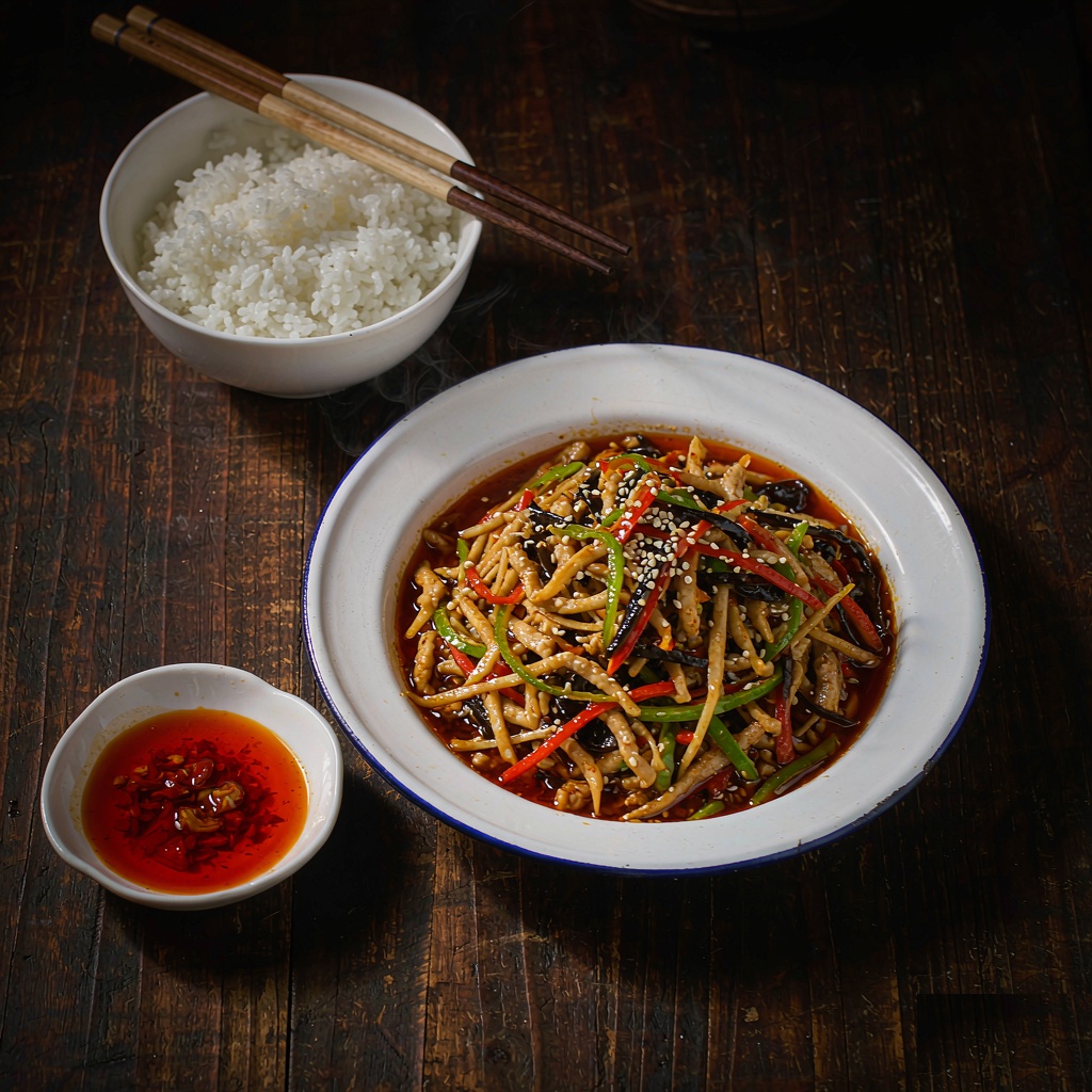 Bowl of yu xiang shredded pork served with steamed rice, chopsticks and chili oil condiment