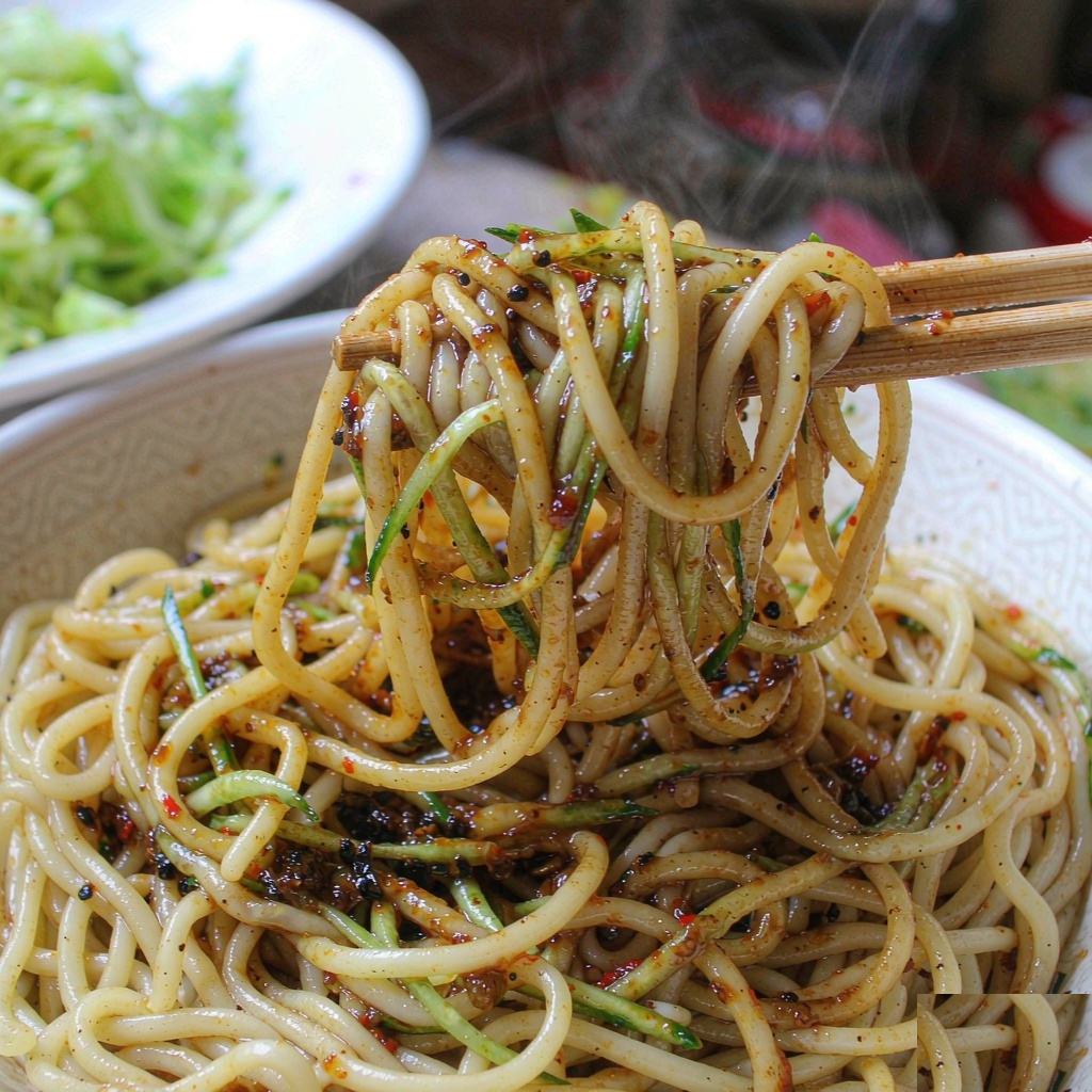 Chopsticks lifting zhajiangmian noodles coated in dark bean paste sauce with shreds of cucumber