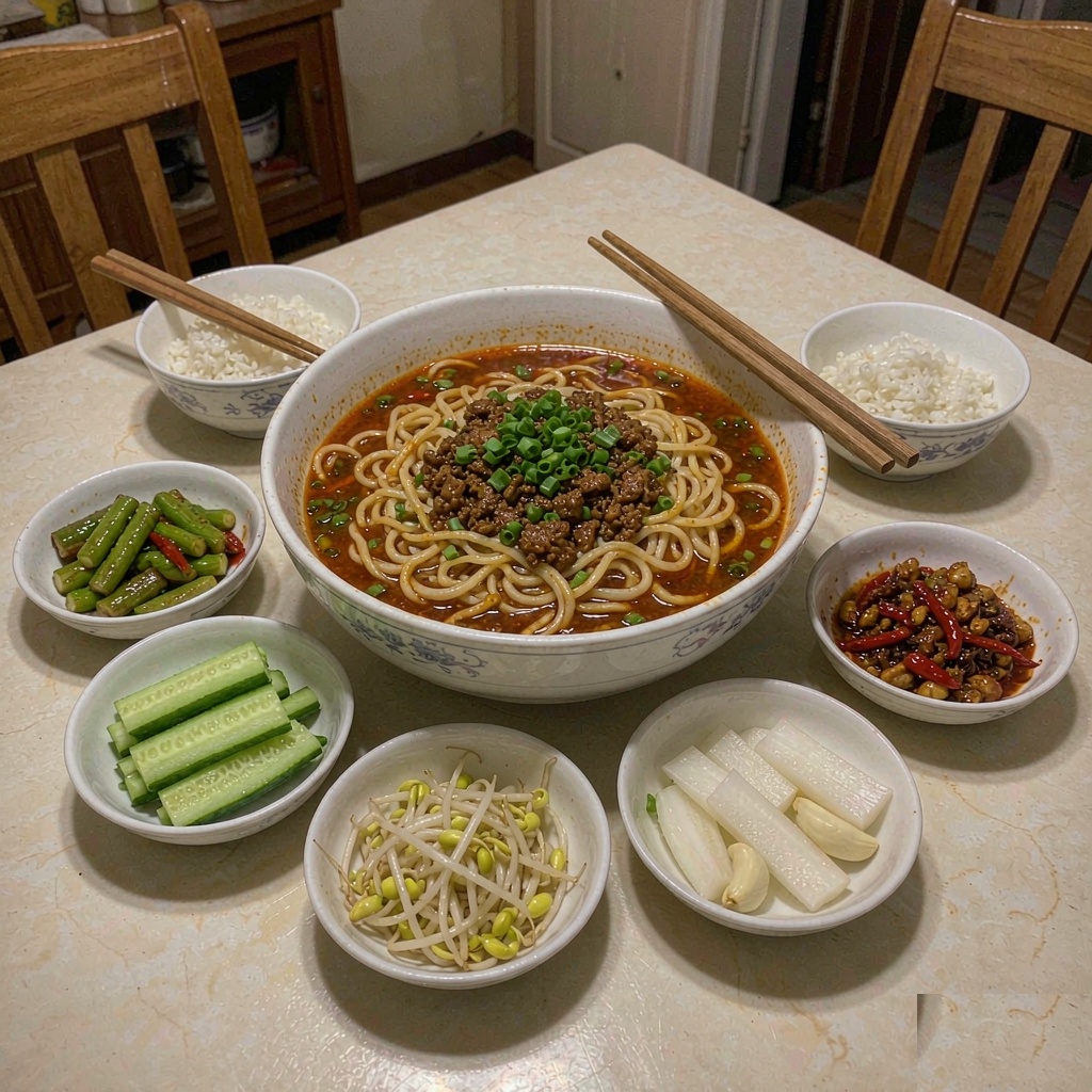 Small dishes of cucumber, radish, bean sprouts and soybeans arranged around a noodle bowl on a Beijing dining table